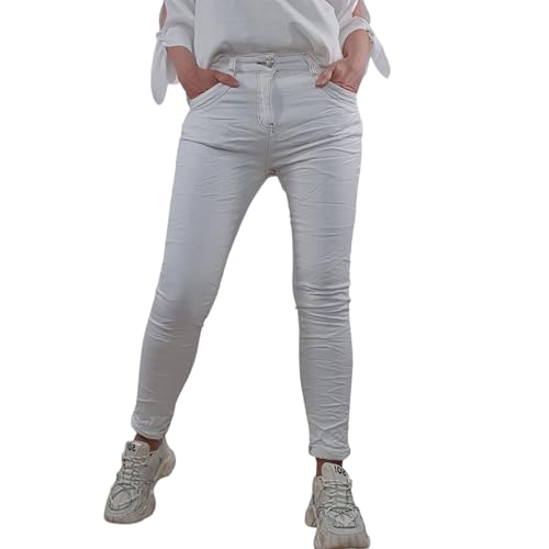 Jewelly Damen Stretch Twill Jeans| Slim Boyfriend Style| Zipper und Strass Knopf (DE/NL/SE/PL, Alphanumerisch, L, Regular, Regular, Creme) von Jewelly