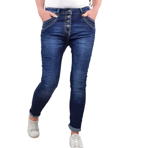 Jewelly Dark Denim Washed Blue Damen Stretch Jeans| Boyfriend Hose mit dekorativem Herzknopf| Mid Rise 5 Pocket Denim Hose| sichtbare Knopfleiste| Dark Denim WashedBlue (M) von Jewelly