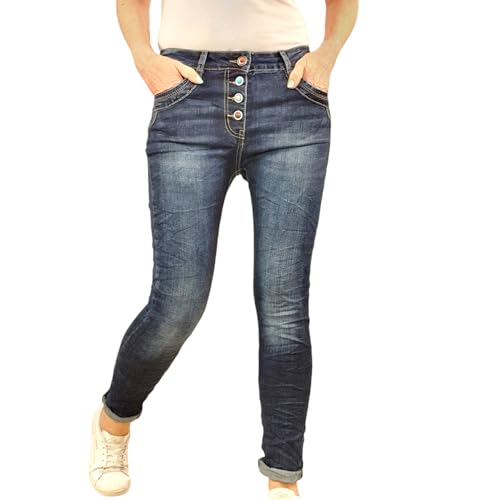 Jewelly Dark Wash Blue Damen Stretch Jeans| Boyfriend Hose mit Schmuckstein Knöpfen| Mid Rise 5 Pocket Denim Hose| sichtbare Knopfleiste| Dark Wash Blue (S) von Jewelly