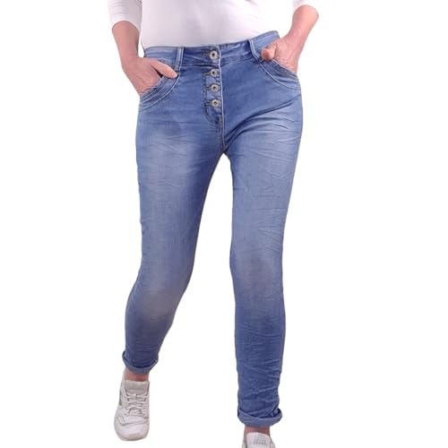 Jewelly Stretch Jeans| im Baggy Boyfriend Schnitt| Damen Hose mit dekorativer Knopfleiste| Perfekter Sitz (L, Clean Denim) von Jewelly