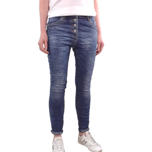 Jewelly Stretch Jeans| im Baggy Boyfriend Schnitt| Damen Hose mit dekorativer Knopfleiste| Perfekter Sitz (L, Dark Denim) von Jewelly