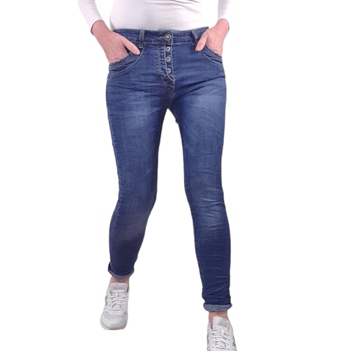 Jewelly Stretch Jeans| im Baggy Boyfriend Schnitt| Damen Hose mit dekorativer Knopfleiste| Perfekter Sitz (L, Denim Buttons) von Jewelly