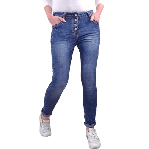 Jewelly Stretch Jeans| im Baggy Boyfriend Schnitt| Damen Hose mit dekorativer Knopfleiste| Perfekter Sitz (L, Denim New Pocket) von Jewelly