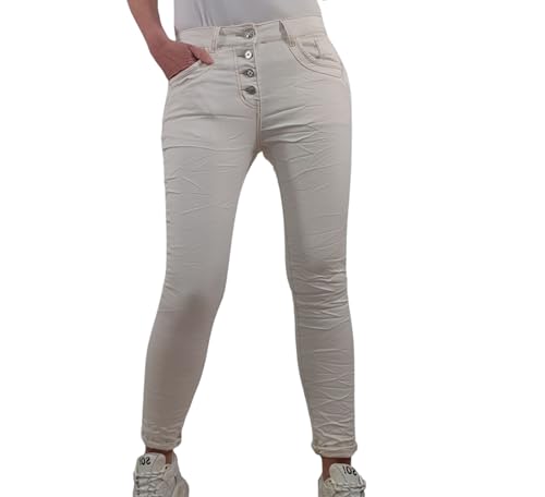 Jewelly Stretch Jeans| im Baggy Boyfriend Schnitt| Damen Hose mit dekorativer Knopfleiste| Perfekter Sitz (L, beige) von Jewelly