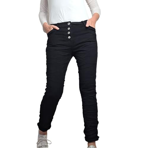 Jewelly Stretch Jeans| im Baggy Boyfriend Schnitt| Damen Hose mit dekorativer Knopfleiste| Perfekter Sitz (L, schwarz) von Jewelly