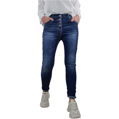 Jewelly Stretch Jeans| im Baggy Boyfriend Schnitt| Damen Hose mit dekorativer Knopfleiste| Perfekter Sitz (M, Dark Denim) von Jewelly