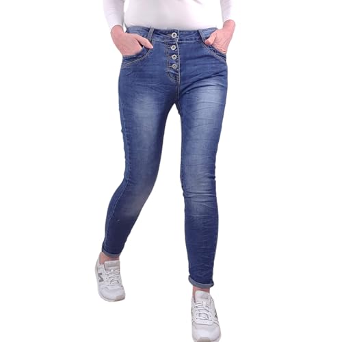 Jewelly Stretch Jeans| im Baggy Boyfriend Schnitt| Damen Hose mit dekorativer Knopfleiste| Perfekter Sitz (M, Denim) von Jewelly