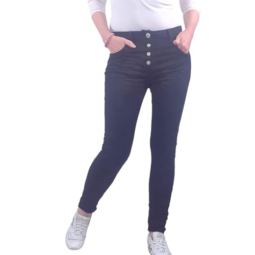 Jewelly Stretch Jeans| im Baggy Boyfriend Schnitt| Damen Hose mit dekorativer Knopfleiste| Perfekter Sitz (S, Antique Button Black) von Jewelly