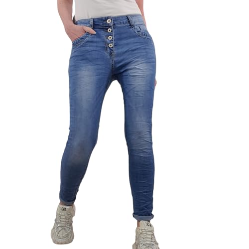 Jewelly Stretch Jeans| im Baggy Boyfriend Schnitt| Damen Hose mit dekorativer Knopfleiste| Perfekter Sitz (S, Clean Denim) von Jewelly