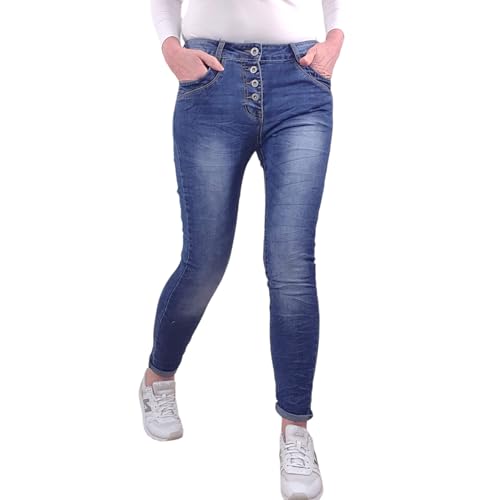 Jewelly Stretch Jeans| im Baggy Boyfriend Schnitt| Damen Hose mit dekorativer Knopfleiste| Perfekter Sitz (S, Denim) von Jewelly