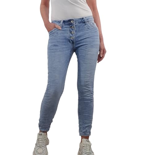Jewelly Stretch Jeans| im Baggy Boyfriend Schnitt| Damen Hose mit dekorativer Knopfleiste| Perfekter Sitz (S, Denim Bleached) von Jewelly