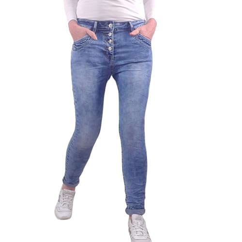 Jewelly Stretch Jeans| im Baggy Boyfriend Schnitt| Damen Hose mit dekorativer Knopfleiste| Perfekter Sitz (XS, Denim Bleached) von Jewelly