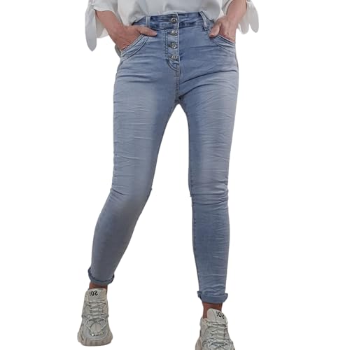 Jewelly Stretch Jeans| im Baggy Boyfriend Schnitt| Damen Hose mit dekorativer Knopfleiste| Perfekter Sitz (as3, Alpha, l, Regular, Regular, Bleached) von Jewelly