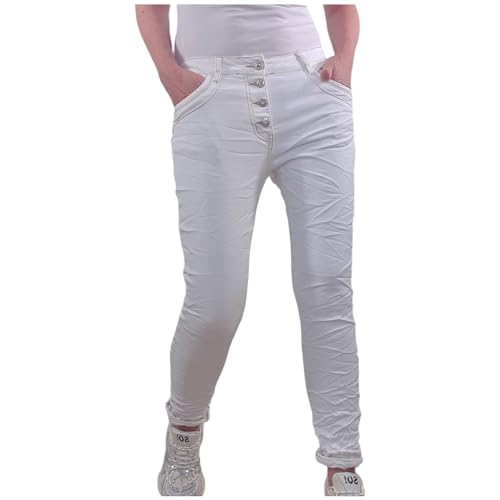 Jewelly Stretch Jeans| im Baggy Boyfriend Schnitt| Damen Hose mit dekorativer Knopfleiste| Perfekter Sitz (as3, Alpha, m, Regular, Regular, Wollweiß) von Jewelly