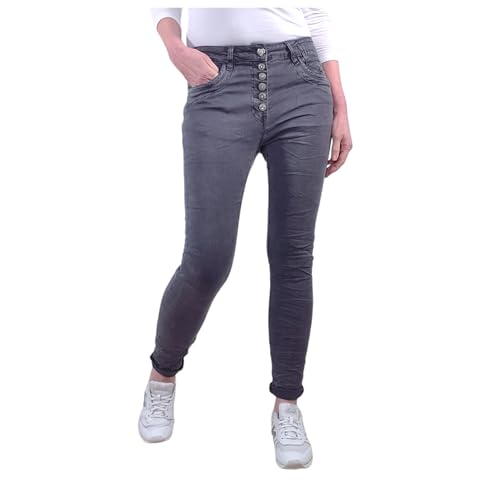 Jewelly Stretch Jeans| im Baggy Boyfriend Schnitt| Damen Hose mit dekorativer Knopfleiste| Perfekter Sitz (as3, Alpha, s, Regular, Regular, Antique Grey, S) von Jewelly