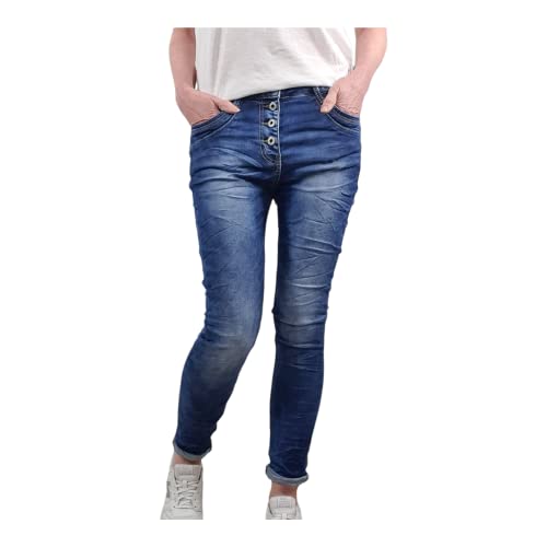 Jewelly Stretch Jeans| im Baggy Boyfriend Schnitt| Damen Hose mit dekorativer Knopfleiste| Perfekter Sitz (as3, Alpha, x_s, Regular, Regular, Dream Denim) von Jewelly