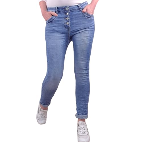 Jewelly Stretch Jeans| im Baggy Boyfriend Schnitt| Damen Hose mit dekorativer Knopfleiste| Perfekter Sitz (as3, Alpha, x_s, Regular, Regular, Spring Classic) von Jewelly