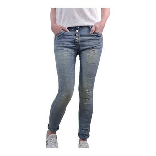 Jewelly Stretch Jeans| im Baggy Boyfriend Schnitt| Damen Hose mit dekorativer Knopfleiste| Perfekter Sitz (as3, Alpha, x_s, Regular, Regular, Vintage Denim) von Jewelly