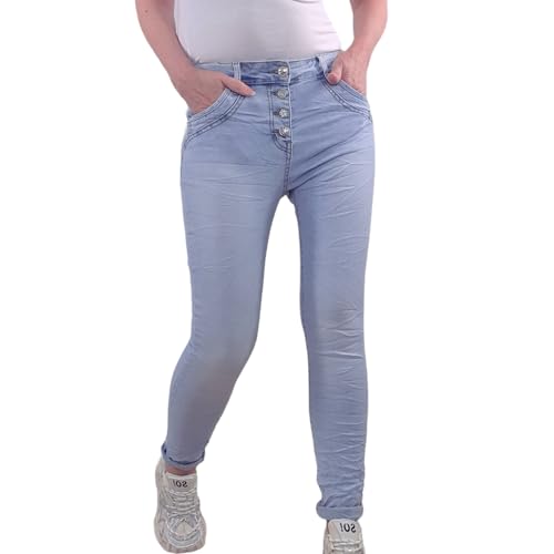 Jewelly Stretch Jeans| im Baggy Boyfriend Schnitt| Damen Hose mit dekorativer Knopfleiste| Perfekter Sitz (as3, Alpha, xs, Regular, Regular, Bleached) von Jewelly