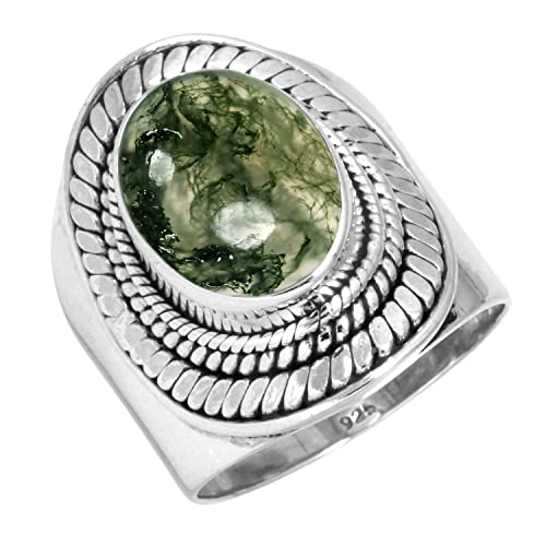 Jeweloporium 925 Silber Ringe für Damen Grün Natürlich Moosachat Edelstein Mode Silber Ringe Größe 60(19.1) Halloween Geschenk Boho Schmuck von Jeweloporium