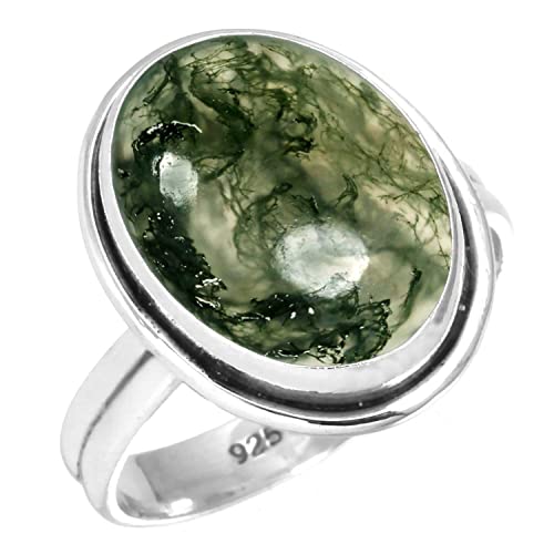 Jeweloporium 925 Sterling Silber Ringe für Damen Grün Natürlich Moss Agate Edelstein Boho Silber Ringe Größe 63(20.1) Ostern Geschenk Handgefertigt Schmuck von Jeweloporium