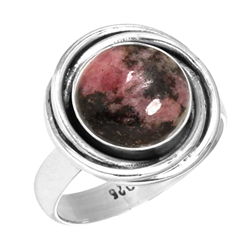 Jeweloporium 925 Sterling Silber Ringe für Frauen Größe 63(20.1) Echt Pink Rhodonite In Black Manganese mit Stein Jahrgang Silber Ringe Freundschaftstag Geschenk Solitär Schmuck von Jeweloporium