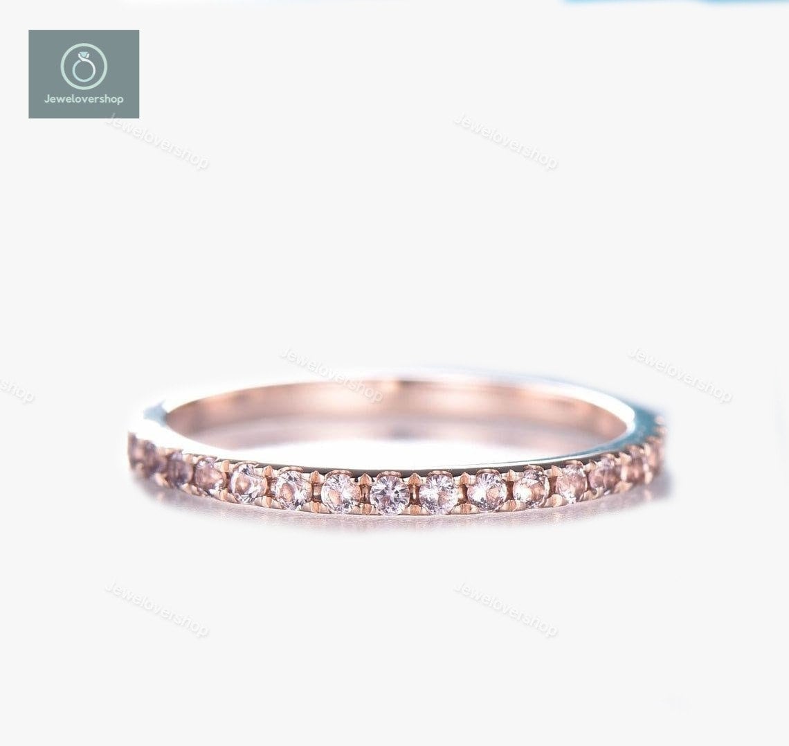 14K Rose Gold Morganit Ring, Eternity Band, Ehering, Zierliche Silber Stapelring, Geburtsstein Ring von Jewelovershop