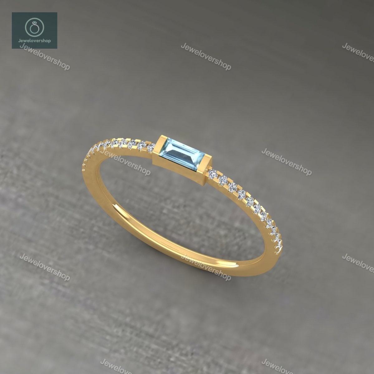 Aquamarin Ring, März Geburtsstein, Statement Gold Verlobungsring, Baguette Cocktail Hellblau Silber Ring von Jewelovershop