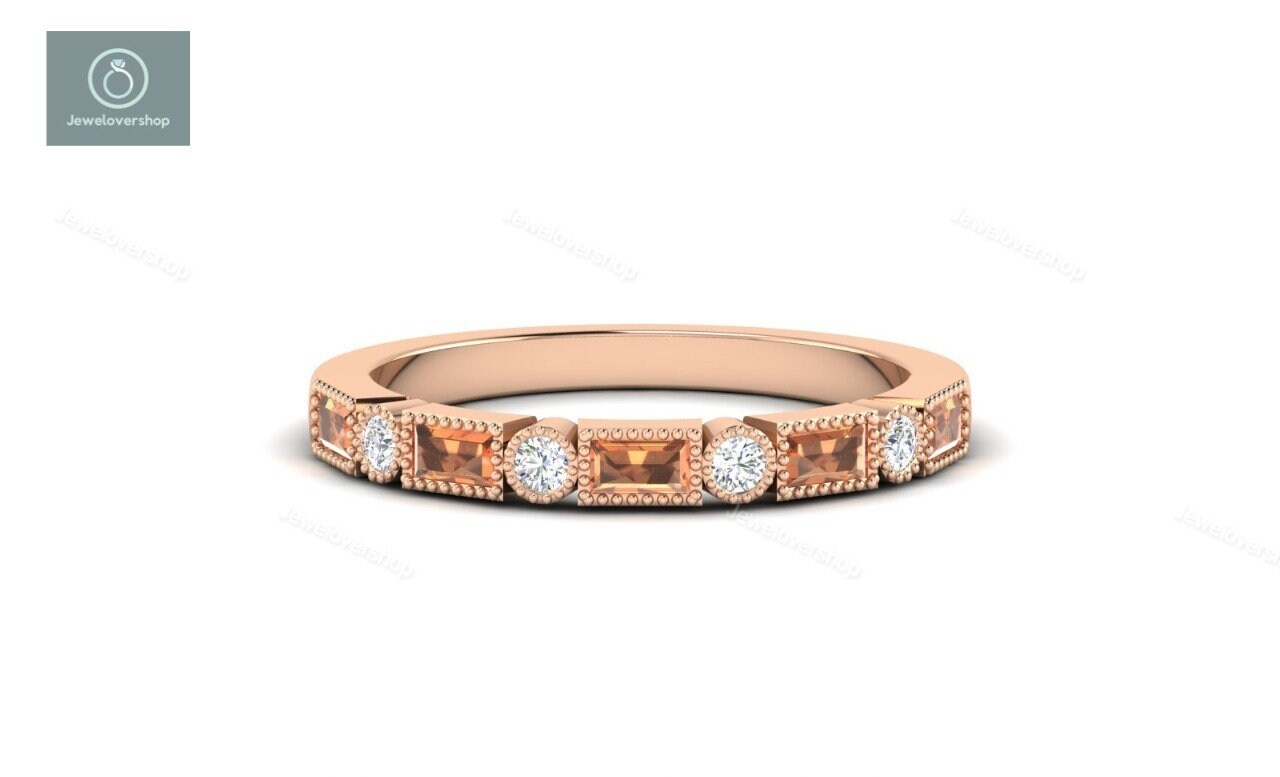 Citrin Und Diamant Ring, Halbe Ewigkeit Band, 14K Roségold Natürlicher Geburtsstein Ehering, Geschenk Für Sie, Verlobungsring von Jewelovershop