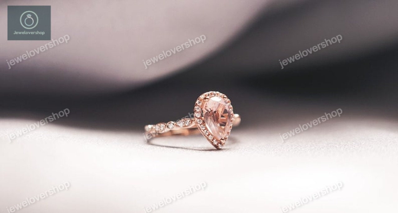 Morganit Verlobungsring Rose Gold Birne Ring Halo Diamanten Ehering 14K Edelstein Geschenkring von Jewelovershop