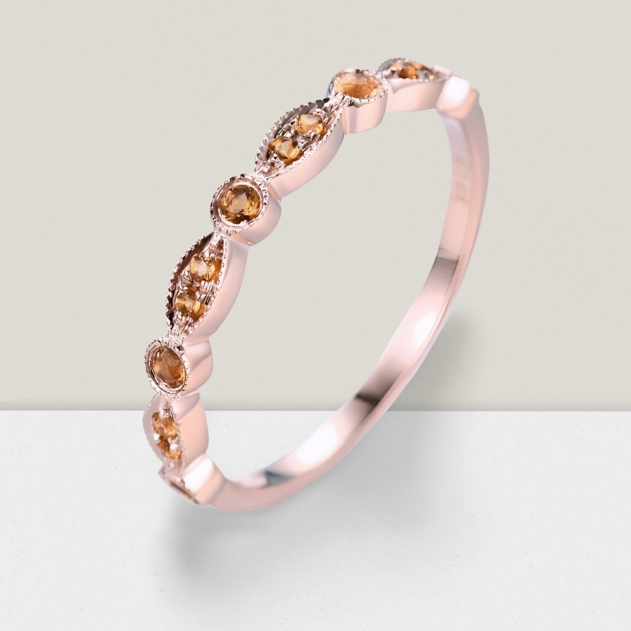 Natürlicher Citrin Hochzeitsband 14K Rose Gold Art Deco Halb Ewigkeit Ring Passende Band Milgrain Stil Jubiläum 925 Silber von Jewelovershop