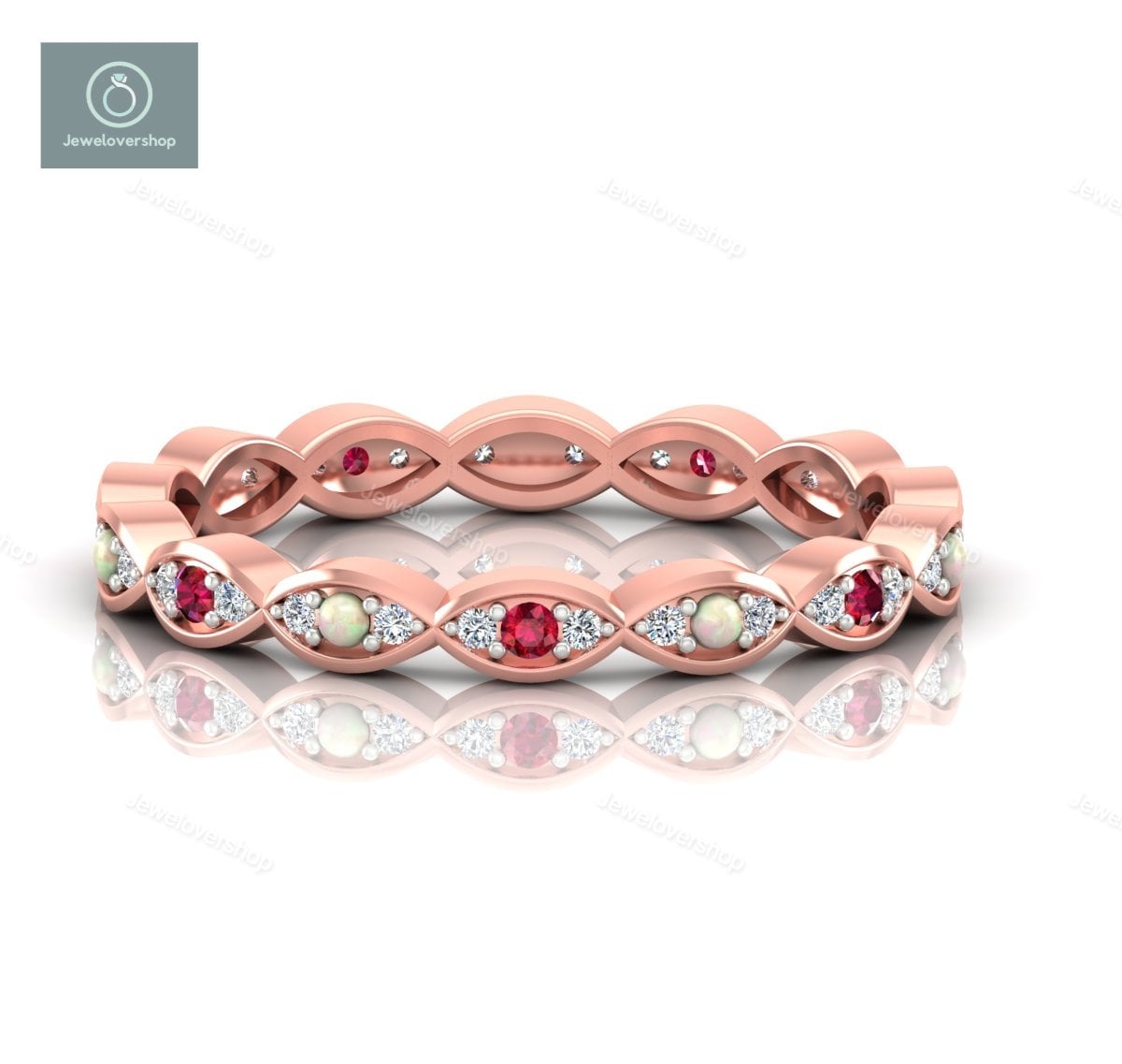 Natürlicher Opal Granat Ring, 14K Roségold Ehering, Verlobungsring, Full Eternity Band, Passendes Band Stapelband Für Frauen von Jewelovershop