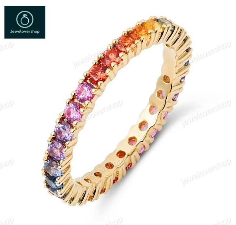Regenbogen Edelstein Ring, Natürliche Multi Saphir Band, 14K Solid Gold Stack Eternity Band Echter Jubiläumsring von Jewelovershop