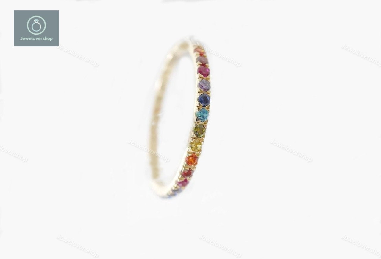 Regenbogen Ring, Eternity Band, Gold Minimalist Bunte Band Schmuck, Multi Saphir Damen Geschenk von Jewelovershop