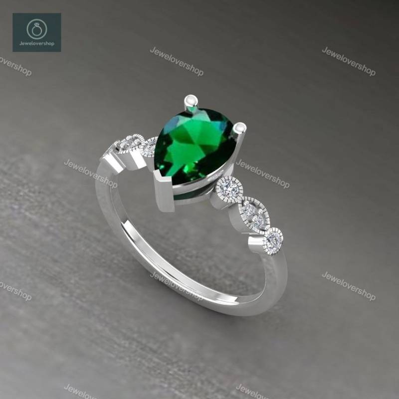 Silber Smaragd Verlobungsring 3Ct Pear Cut Solid 14K Gold Cluster Ring Moissanit Brautring Jubiläumsring von Jewelovershop