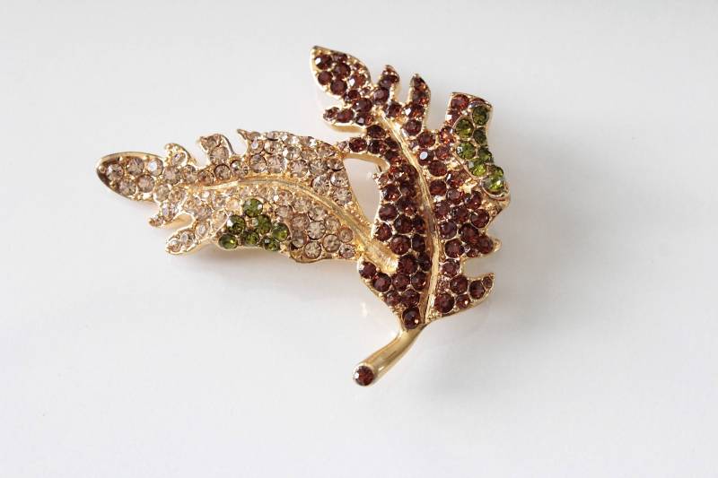 Kjl Kenneth Jay Lane Blatt Brosche 1970Er Jahre Mit Rot, Peridot Und Topas Strass #2027 von Jewelrin