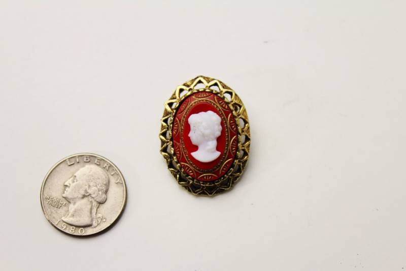 Schöne Vintage Cameo Red & White Frauen Profil Brosche #263 von Jewelrin
