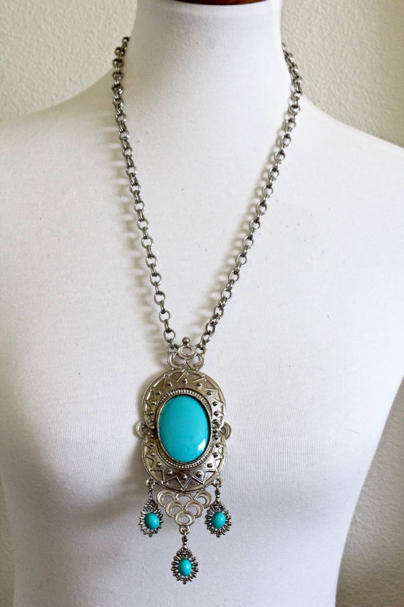 Seltene Statement 1970S Donald Stannard Silber Ton Türkis Blau Cabochons Halskette # 2015 von Jewelrin
