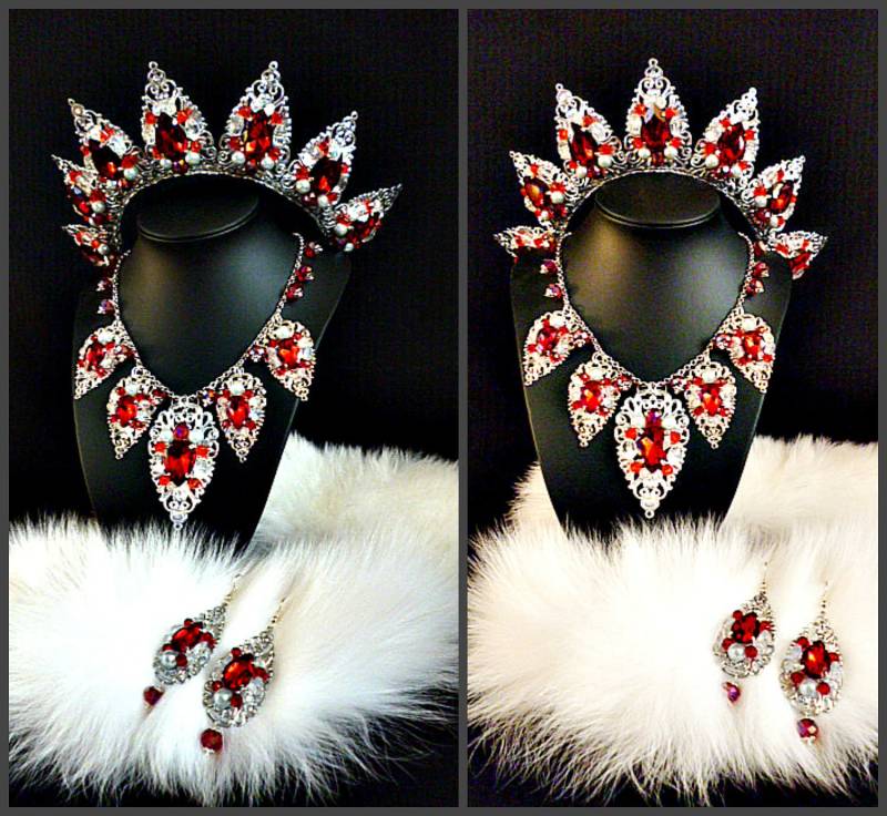 Silber Rot Siam Tiara Krone Und Ohrringe Halskette Schmuck Barock Halloween Hochzeit Braut Set Geschenk Für Frau Geburtstags-Party-Tänzer Kopfschmuck Silber Rot Siam Tiara Krone Und Ohrringe Halskette Schmuck Barock Halloween Hochzeit Braut Set Geschenk Für Frau Geburtstags-Party-Tänzer Kopfschmuck von JewelryAjoureFlowers