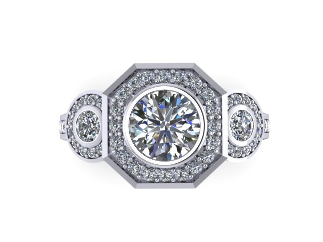 Art-Deco-Diamant Moissanite Verlobungsring Hochzeit Drei Stein Ring 14K Weißgold Mit 6mm Für Immer Brillante Center-V1111 von JewelryArtworkByVick