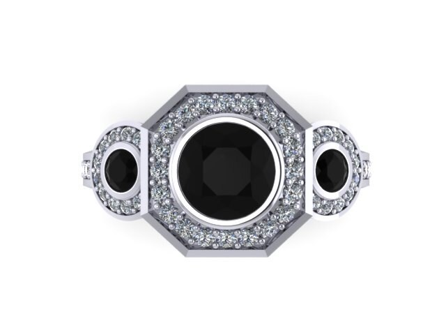Art-Deco-Verlobungsring Natürliche Schwarze Diamant Zentrum Weiß Diamanten Verlobungsring Vintage Drei Stein Ring 14K Weißgold Schmuck -V1111 von JewelryArtworkByVick