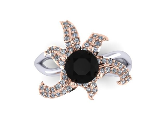 Blume Lily Natürliche Schwarze Diamant Verlobungsring Zentrum Ungewöhnliche 14K Rose Und Weißgold Damen Schmuck Konflikt Frei Echt - V1124 von JewelryArtworkByVick