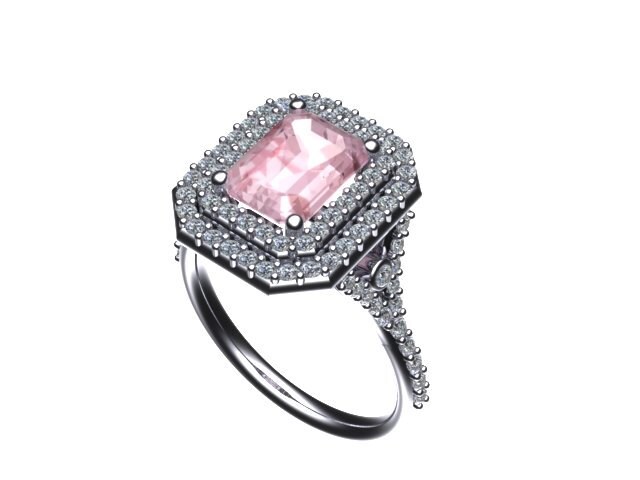 Diamant-Doppel-Halo-Verlobungsring 14K Weißgold Ehering W/8x6mm Radiant Geschnitten Pfirsich Rosa Morganit Zentrum Feine Schmuck Edelsteine - V1061 von JewelryArtworkByVick