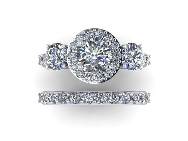 Diamant Halo Für Immer Eine Moissanite Drei-stein-Verlobungsring Ein Passende Band 14K Weißgold Braut Set Valentines - V1119 von JewelryArtworkByVick