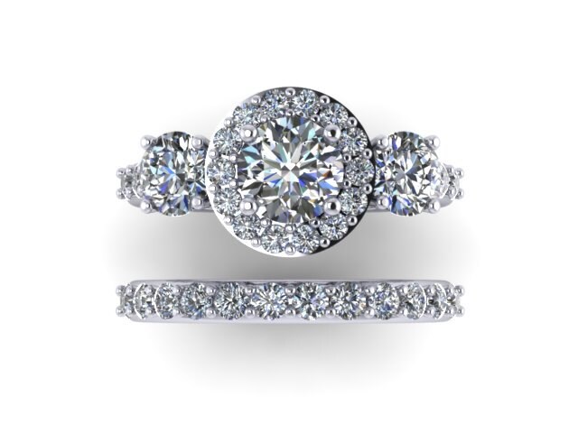 Diamant Halo Für Immer Eine Moissanite Drei-stein-Verlobungsring Ein Passende Band 14K Weißgold Braut Set Valentines - V1119 Diamant Halo Für Immer Eine Moissanite Drei-stein-Verlobungsring Ein Passende Band 14K Weißgold Braut Set Valentines - V1119 von JewelryArtworkByVick