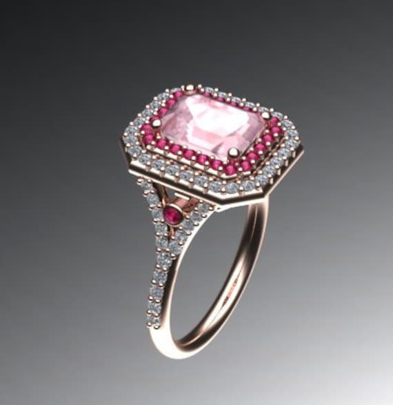 Diamant-Halo-Ring Morganit Engagement 14K Rose Gold Mit 8x6mm Radiant Cut Pfirsich Natürliche Rosa Saphir Etsy Ringe - V1061 Diamant-Halo-Ring Morganit Engagement 14K Rose Gold Mit 8x6mm Radiant Cut Pfirsich Natürliche Rosa Saphir Etsy Ringe - V1061 von JewelryArtworkByVick