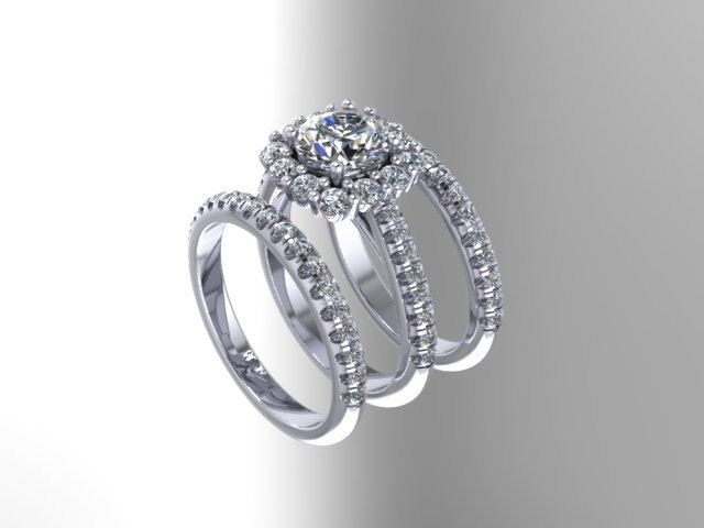 Diamant Halo Verlobungsring Für Immer Eine Moissanite Verlobung Mit Zwei Echten Passende Bänder 14K Weißgold Braut Set - V1071 Diamant Halo Verlobungsring Für Immer Eine Moissanite Verlobung Mit Zwei Echten Passende Bänder 14K Weißgold Braut Set - V1071 von JewelryArtworkByVick