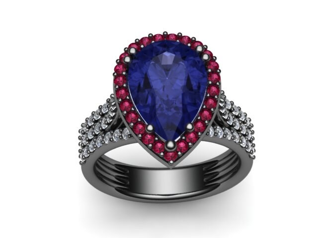 Diamant-Verlobungsring Mit Rosa Saphir Halo 14K Schwarz Gold 10x8mm Birne Form Blau Zentrum Original Edelstein Schmuck Lady-V1089 Diamant-Verlobungsring Mit Rosa Saphir Halo 14K Schwarz Gold 10x8mm Birne Form Blau Zentrum Original Edelstein Schmuck Lady-V1089 von JewelryArtworkByVick