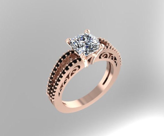 Echte Schwarze Diamant Verlobungsring 14K Rose Gold Kissen Geschnitten Für Immer Brillante Moissanite Center Feinen Schmuck Etsy Einzigartige von JewelryArtworkByVick
