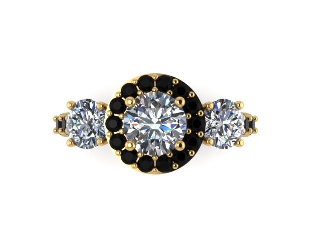 Halo Schwarz Diamant Drei-stein-Verlobungsring 14K Gelbgold Ehering Für Immer Brillante Moissanite Zentrum Und Zwei Seitensteine - V1120 von JewelryArtworkByVick